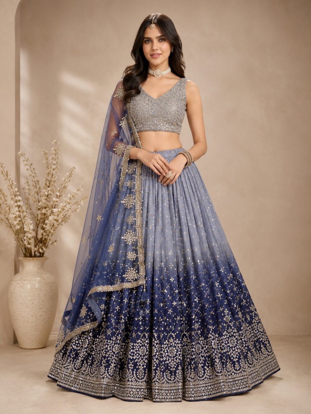 Navy Blue Gold Embroidered Lehenga Choli Set